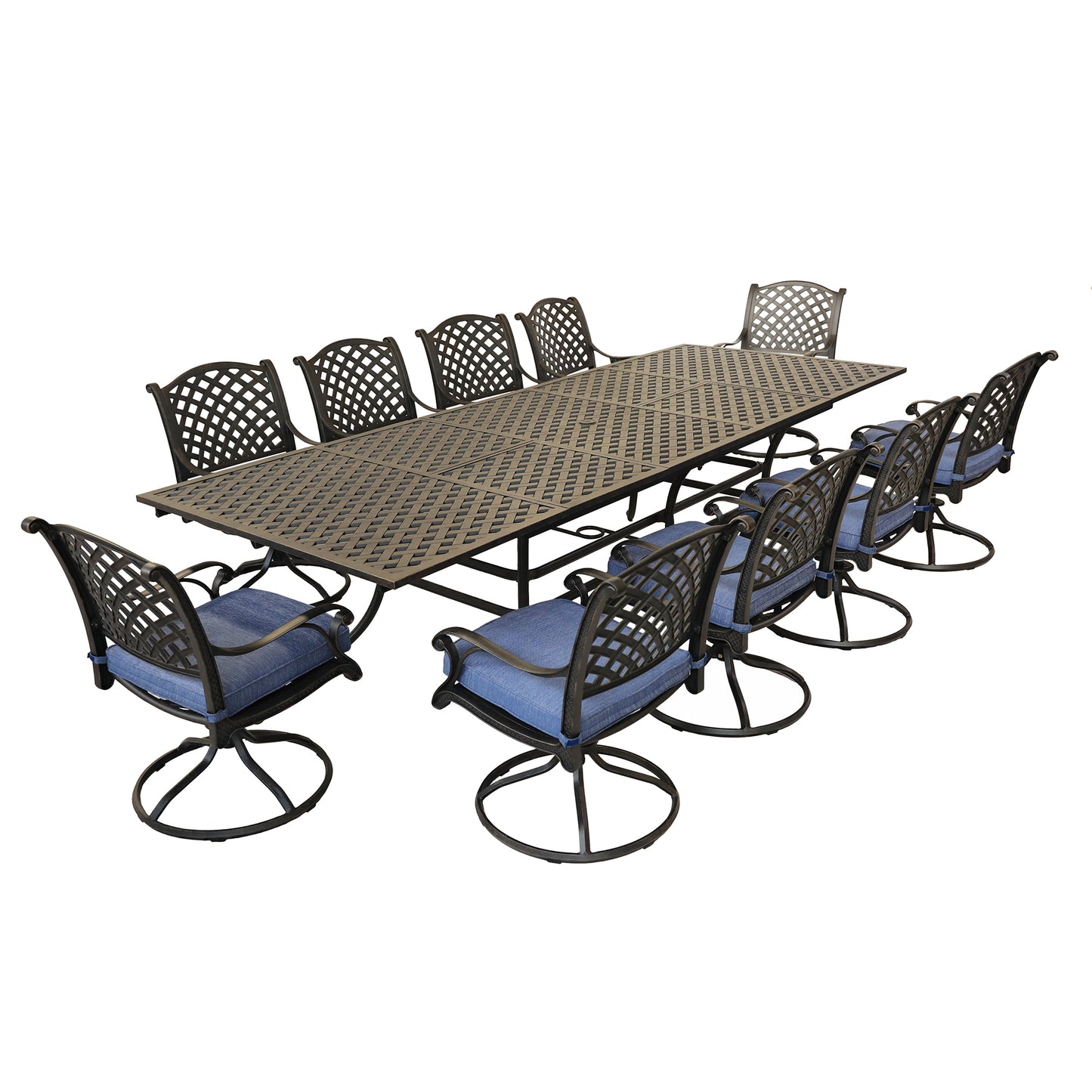 Rectangular 10 - Person 126.38" Long Dining Set with Navy Blue Cushions