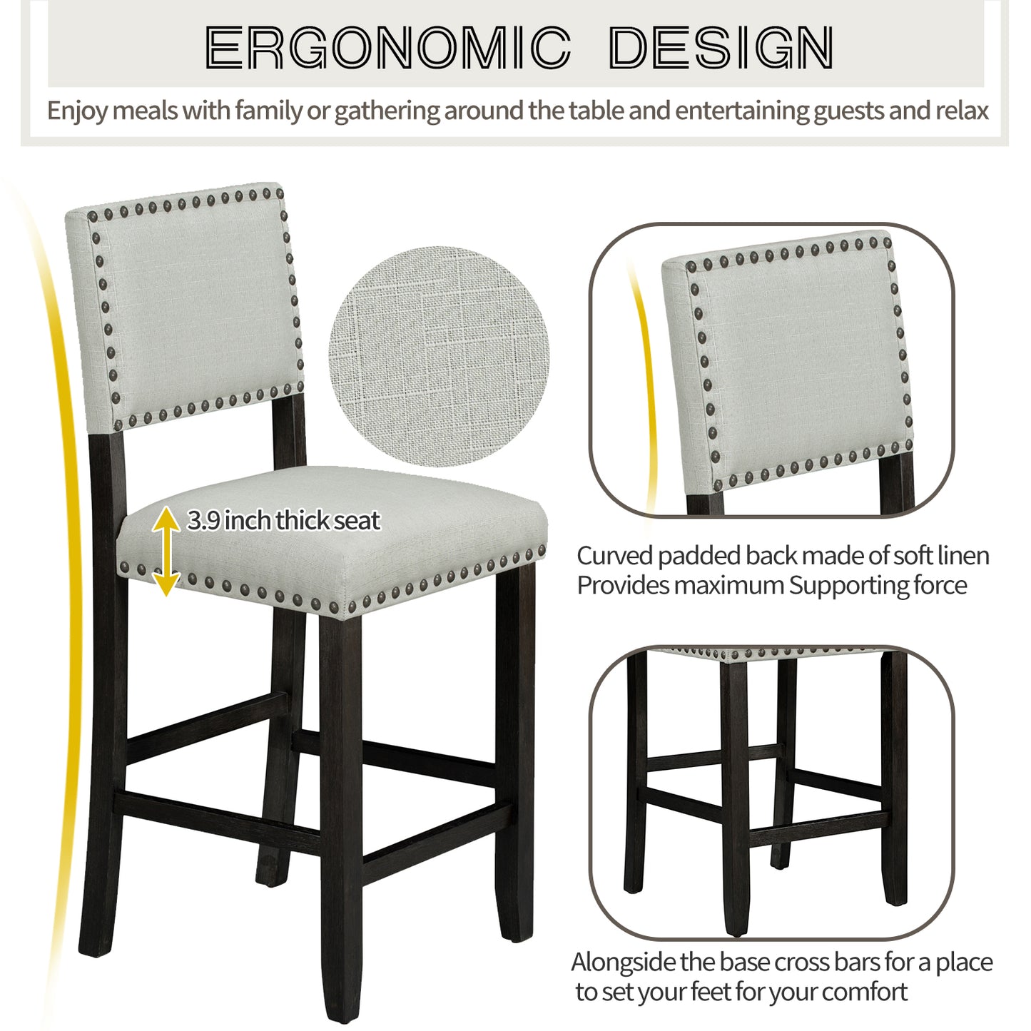 TREXM 5-Piece Counter Height Dining Set, Classic Elegant Table and 4 Chairs in Espresso and Beige