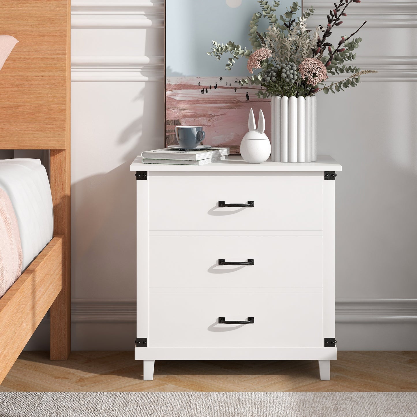 Modern Bedroom Nightstand with 3 Drawers Storage , White