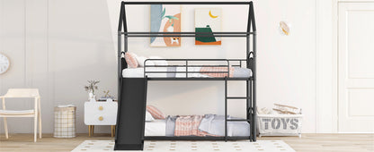 Twin Over Twin Metal Bunk Bed With Slide,Kids House Bed Black