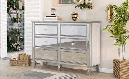 Elegant Mirrored Dresser with 6 Drawers, Modern Silver Finished Dresser 56.1“L x 18.1” W x 36.4” H for Living Room Bedroom