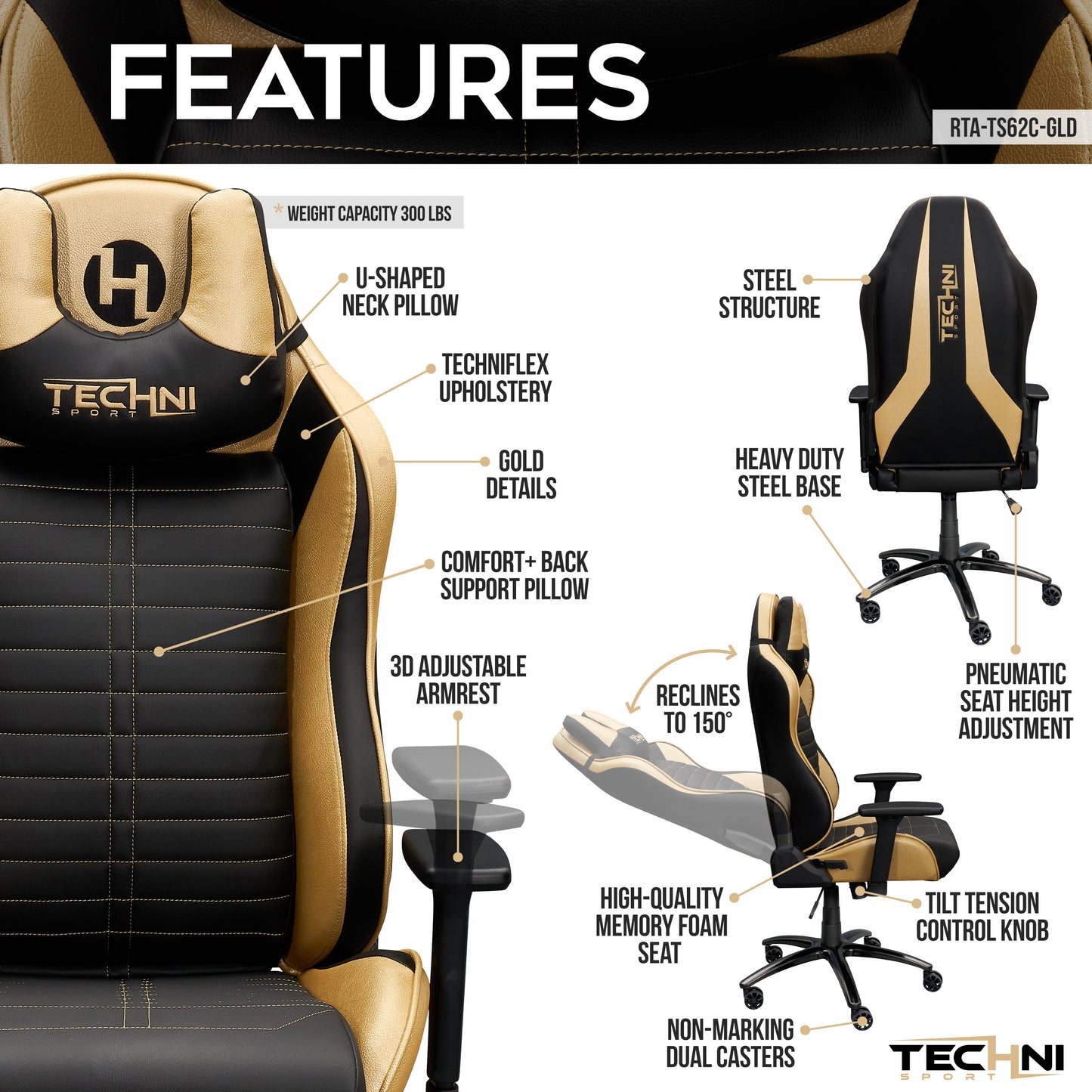 Techni Sport Ergonomic Racing Style Gaming  Chair - Golden