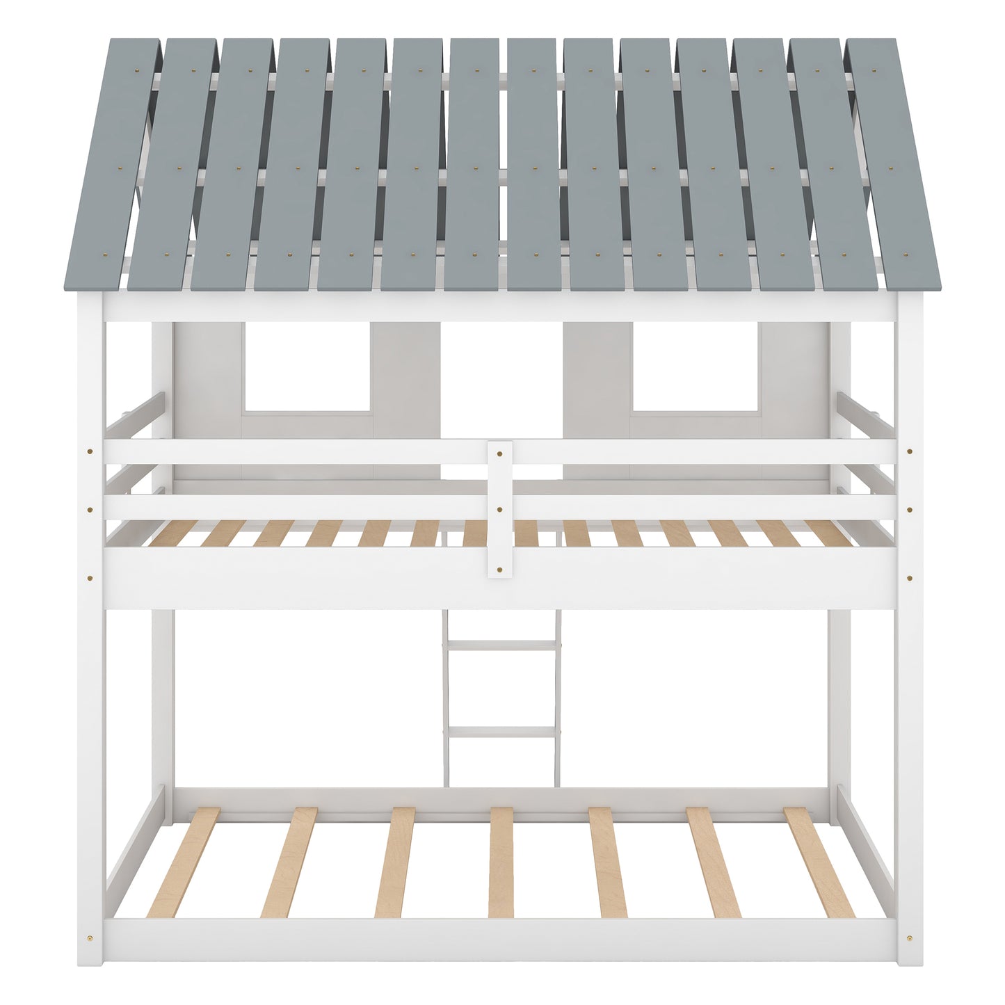 Twin over Twin Size Low Bunk Beds with Roof and Fence-shaped Guardrail, White