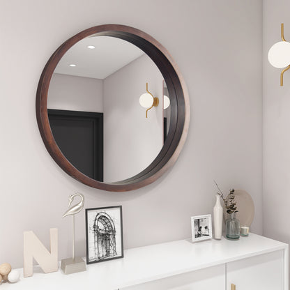 Circle Mirror with Wood Frame, Round Modern Decoration Large Mirror for Bathroom Living Room Bedroom Entryway, Walnut Brown, 24"