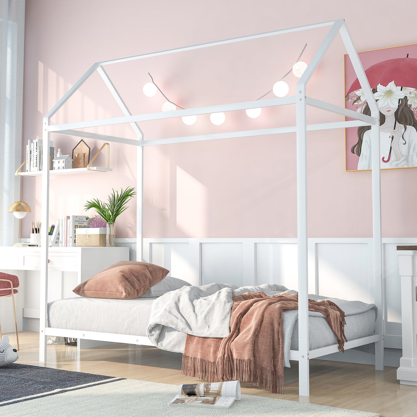 House Bed Frame Twin Size , Kids Bed Frame Metal  Platform Bed  Floor Bed for Kids Boys Girls No Box Spring Needed White