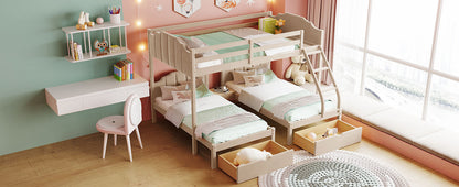 Full Over Twin & Twin Bunk Bed, Velvet Triple Bunk Bed with Drawers and Guardrails, Beige