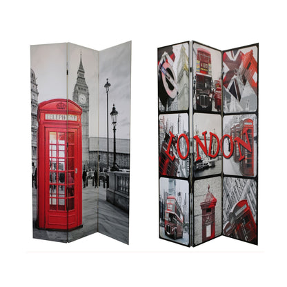 71 Inch 3 Panel Room Divider, LONDON Digital Print, Wood, Gray, Red