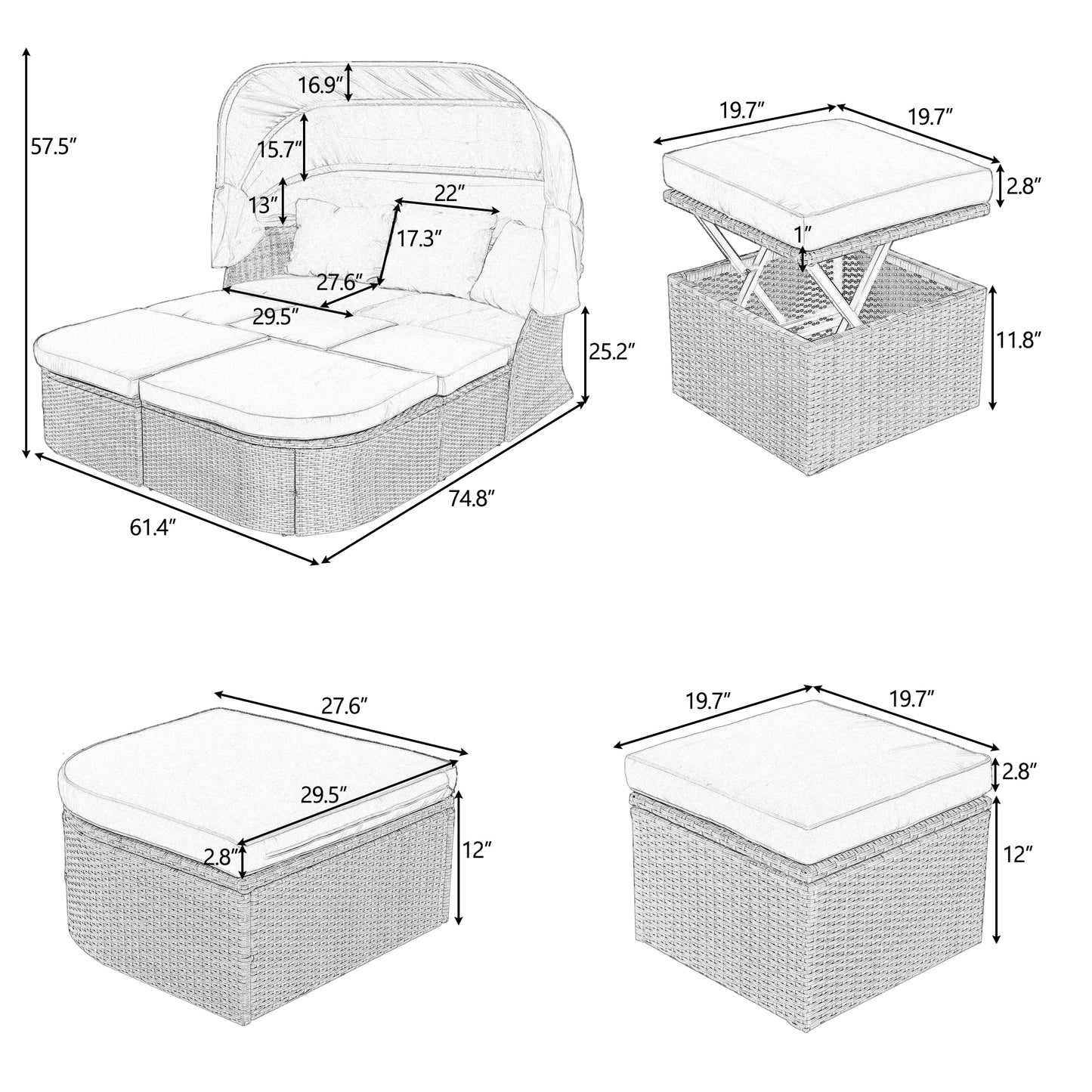 U_STYLE Outdoor Patio Furniture Set Daybed Sunbed with Retractable Canopy Conversation Set Wicker Furniture Sofa Set