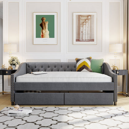 Upholstered daybed with Two Drawers, Wood Slat Support, Gray, Full Size(OLD SKU :LP001111AAE)