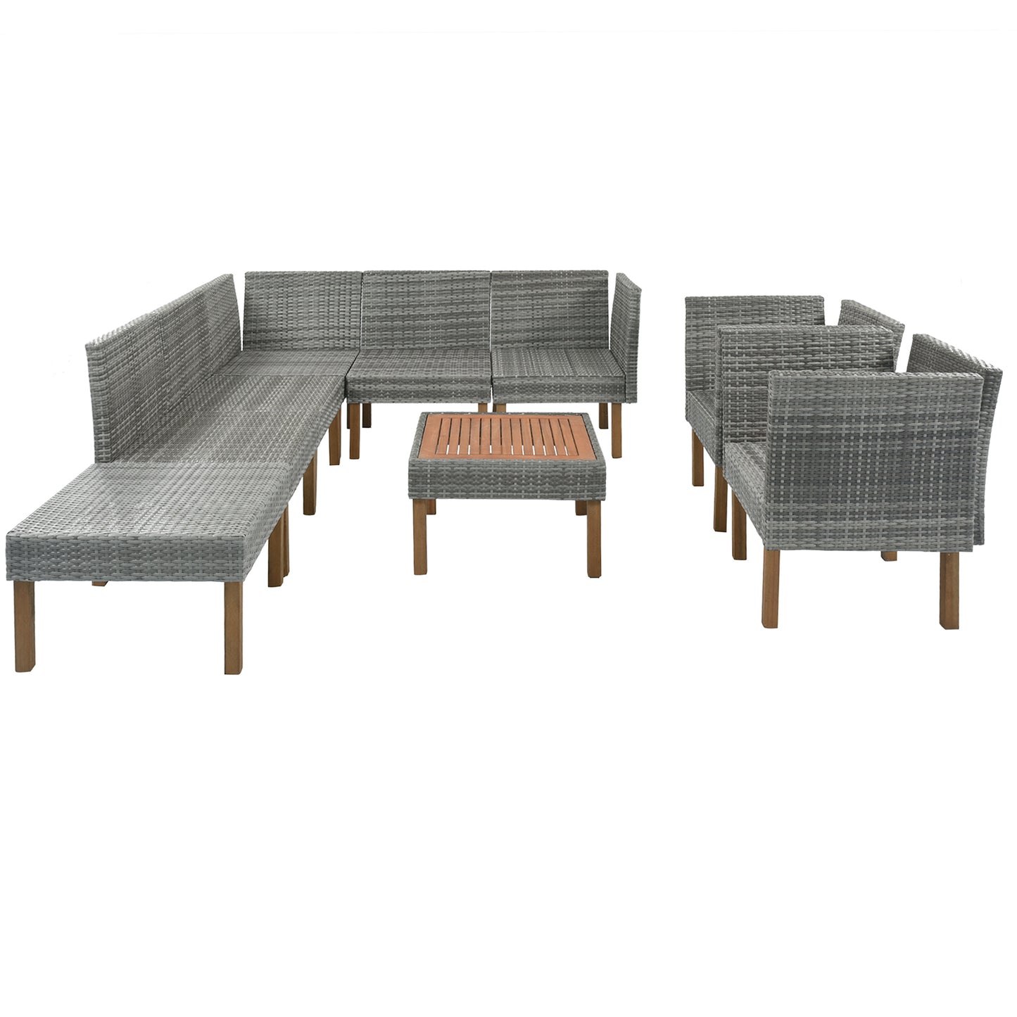 GO 9-Piece Outdoor Patio Garden Wicker Sofa Set, Gray PE Rattan Sofa Set, with Wood Legs, Acacia Wood Tabletop, Armrest Chairs with Gray Cushions