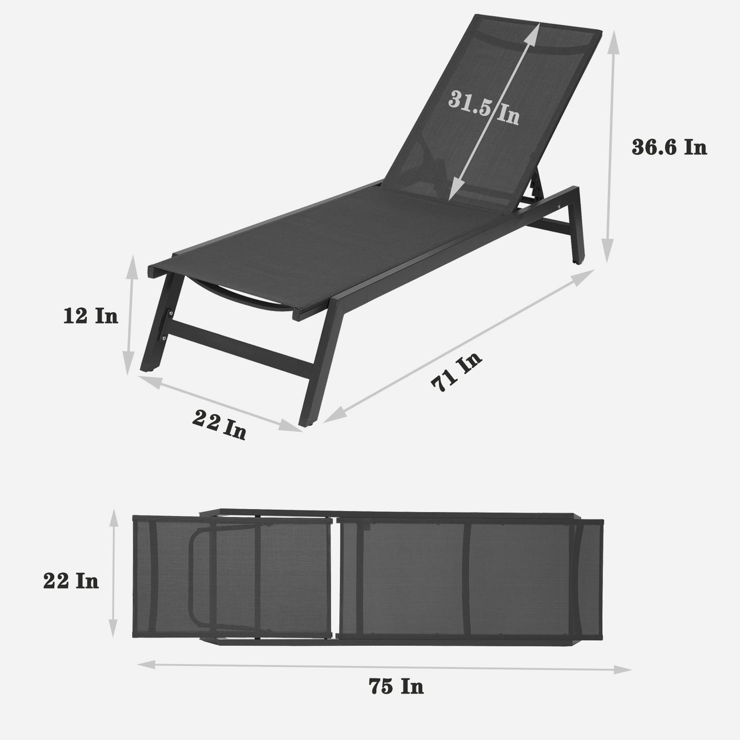 Outdoor 2-Pcs Set Chaise Lounge Chairs,Five-Position Adjustable Aluminum Recliner,All Weather for Patio,Beach,Yard,Pool ( Grey Frame/ Black fabric)