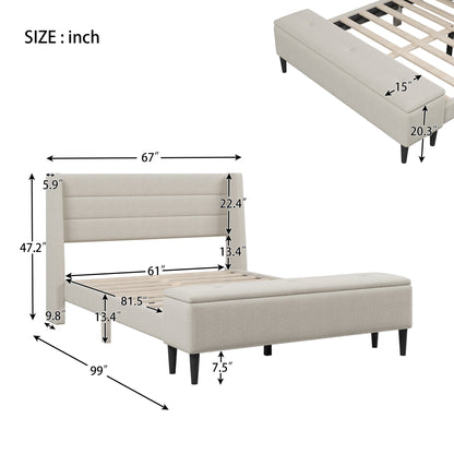 Upholstered Storage Bed Frame with Storage Ottoman Bench, No Box Spring Needed, Queen, Beige