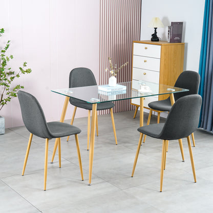 Dining Table Set Modern 5 Pieces Dining Room Set Mid Century Tempered Glass Kitchen Table and 4 Deep Grey Modern Fabric Chairs with wood-transfer Metal Legs