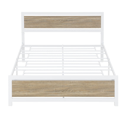 Metal and Wood Bed Frame with Headboard and Footboard ,Queen Size Platform Bed ,No Box Spring Needed, Easy to Assemble(White)