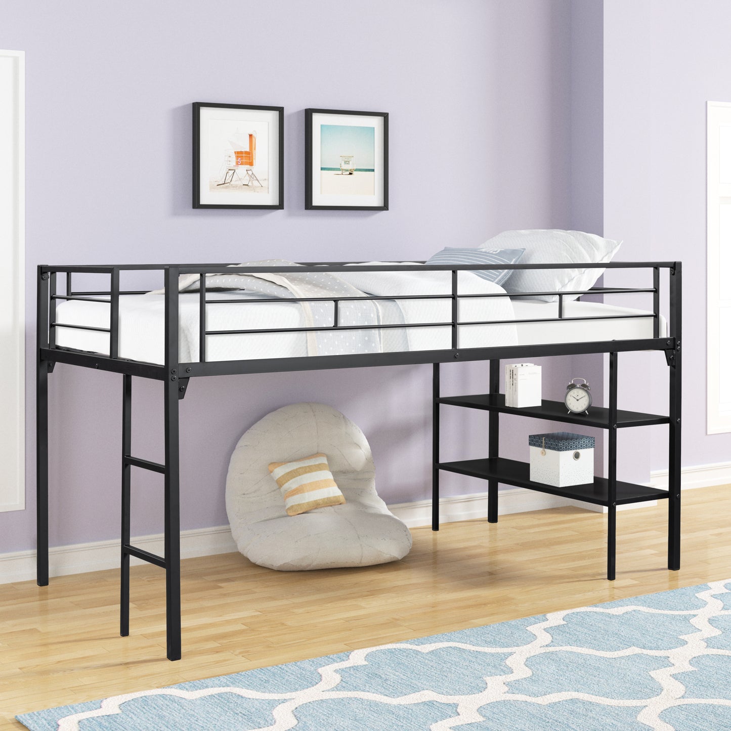 Low Loft bed with storage shelves