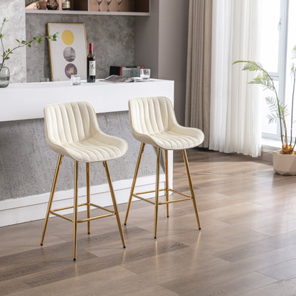 26 Inch Set of 2 Bar Stools,with Chrome Footrest Velvet Fabric Counter Stool Golden Leg Simple Bar Stool,CREAM