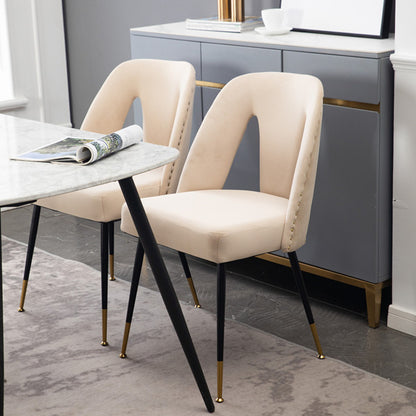 A&A Furniture,Akoya Collection Modern | Contemporary Velvet Upholstered Dining Chair with Nailheads and Gold Tipped Black Metal Legs, Beige, Set of 2