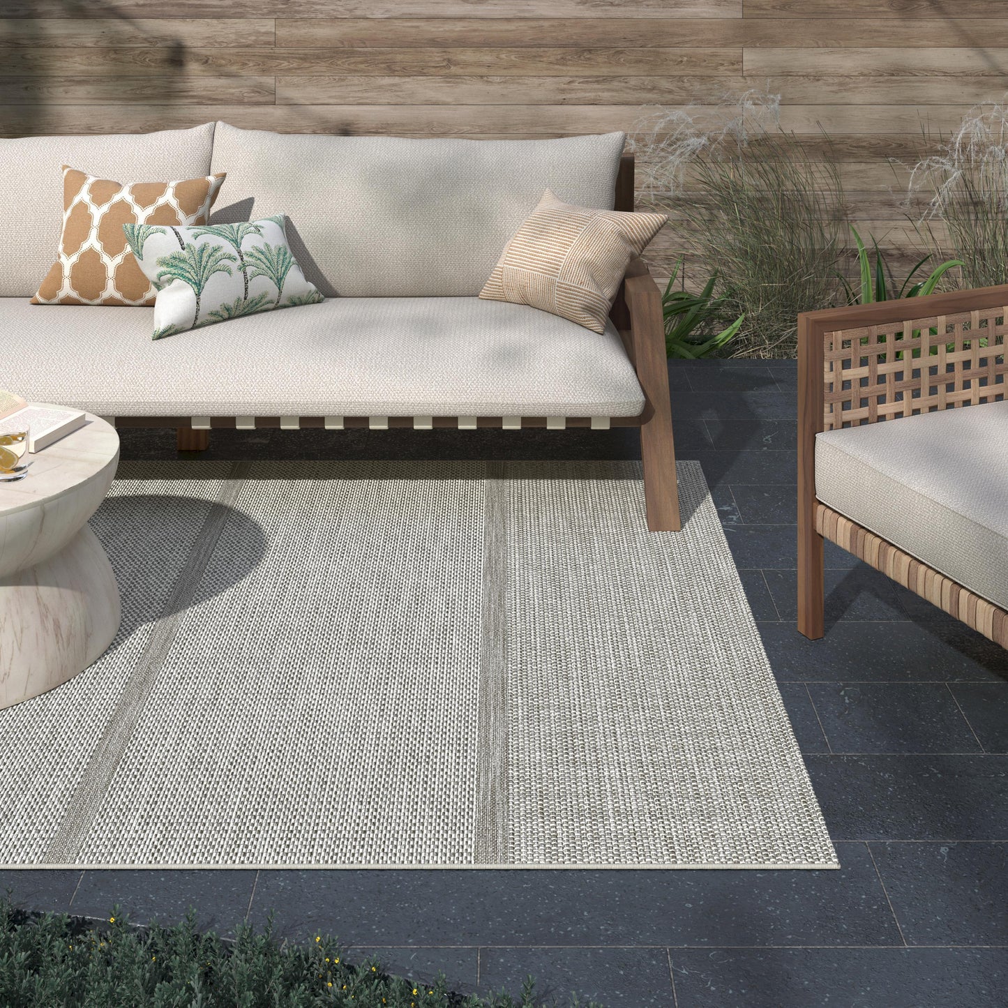 Striped Sands White, Linen Indoor / Outdoor Polypropylene Area Rug 5x8