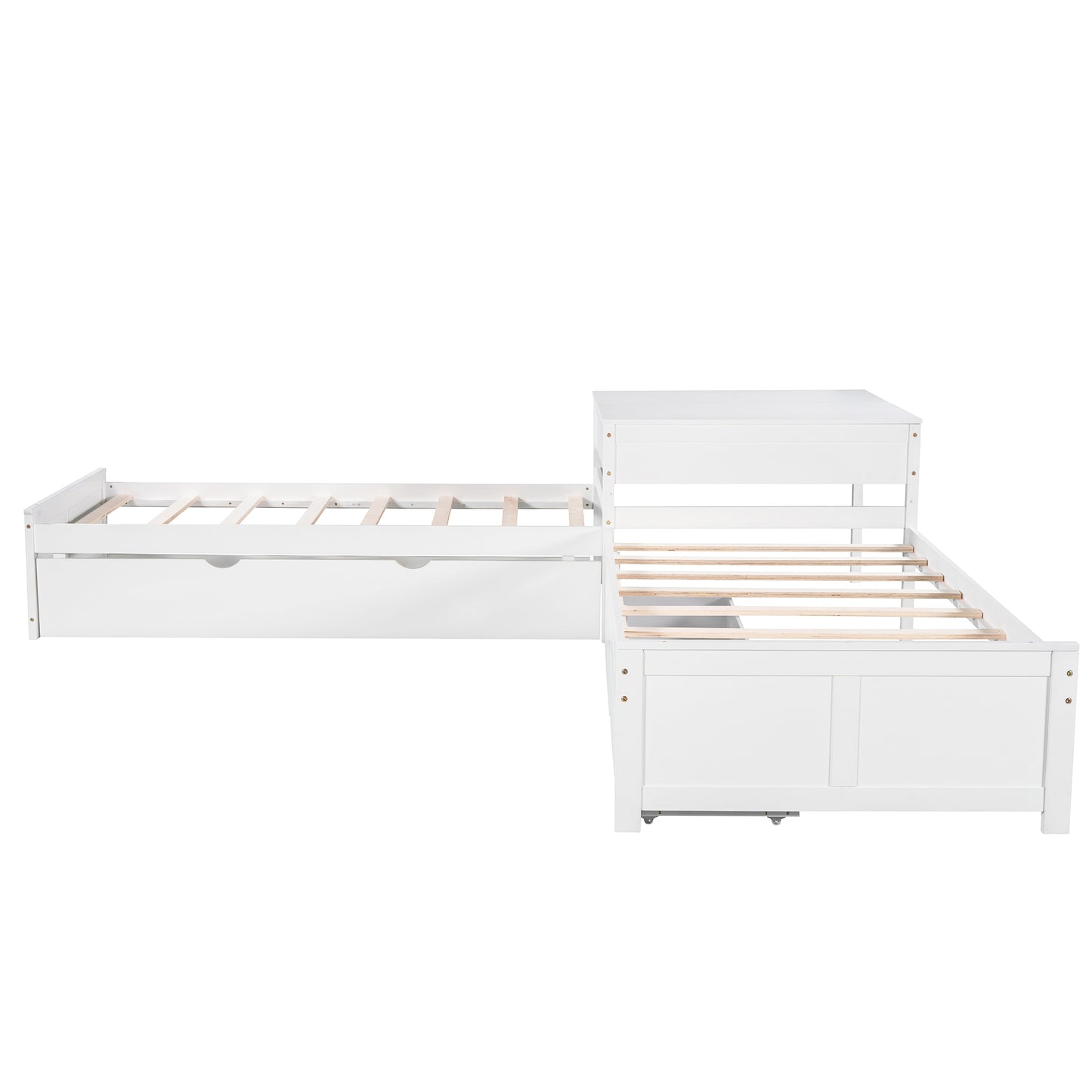 L-shaped Platform Bed with Trundle and Drawers Linked with built-in Desk,Twin,White