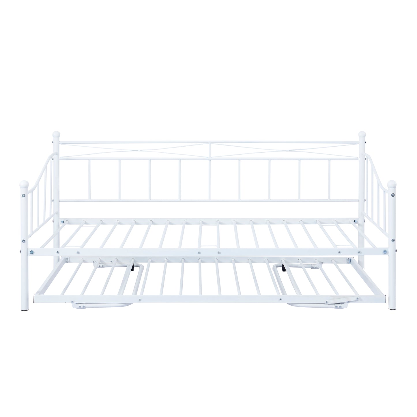 Twin Size Metal Daybed with Twin Size Adjustable Trundle, Portable Folding Trundle, White