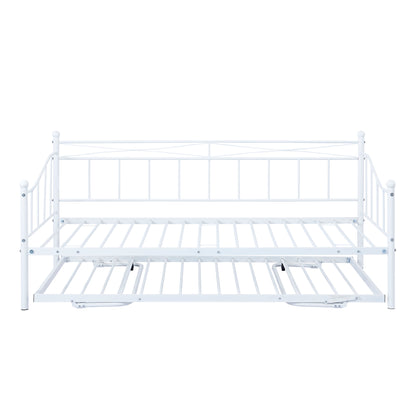 Twin Size Metal Daybed with Twin Size Adjustable Trundle, Portable Folding Trundle, White