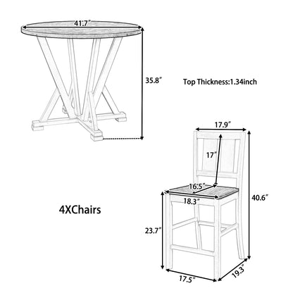 TOPMAX Rustic Farmhouse 5-Piece Counter Height Dining Table Set, Round Kitchen set with 4 Dining Chairs and Thick Tabletop, Brown