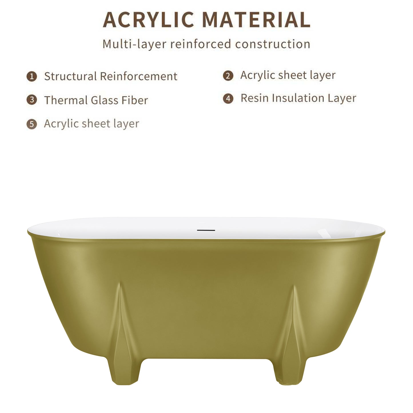 59" 100% Acrylic Freestanding Bathtub，Contemporary Soaking Tub，White inside and gold outside，Four corner bathtub