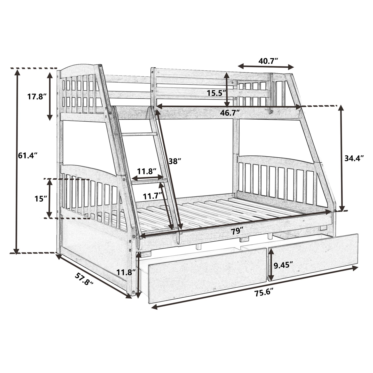 TOPMAX Solid Wood Twin Over Full Bunk Bed with Two Storage Drawers, White