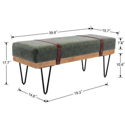 Faux leather soft cushion Upholstered solid wood frame Rectangle bed bench with powder coating metal legs ,Entryway footstool