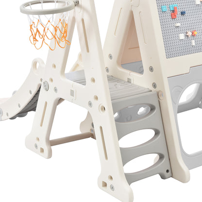 7-in-1 Toddler Climber and Slide Set Kids Playground Climber Slide Playset with Tunnel, Climber, Whiteboard,Toy Building Block Baseplates, Basketball Hoop Combination for Babies