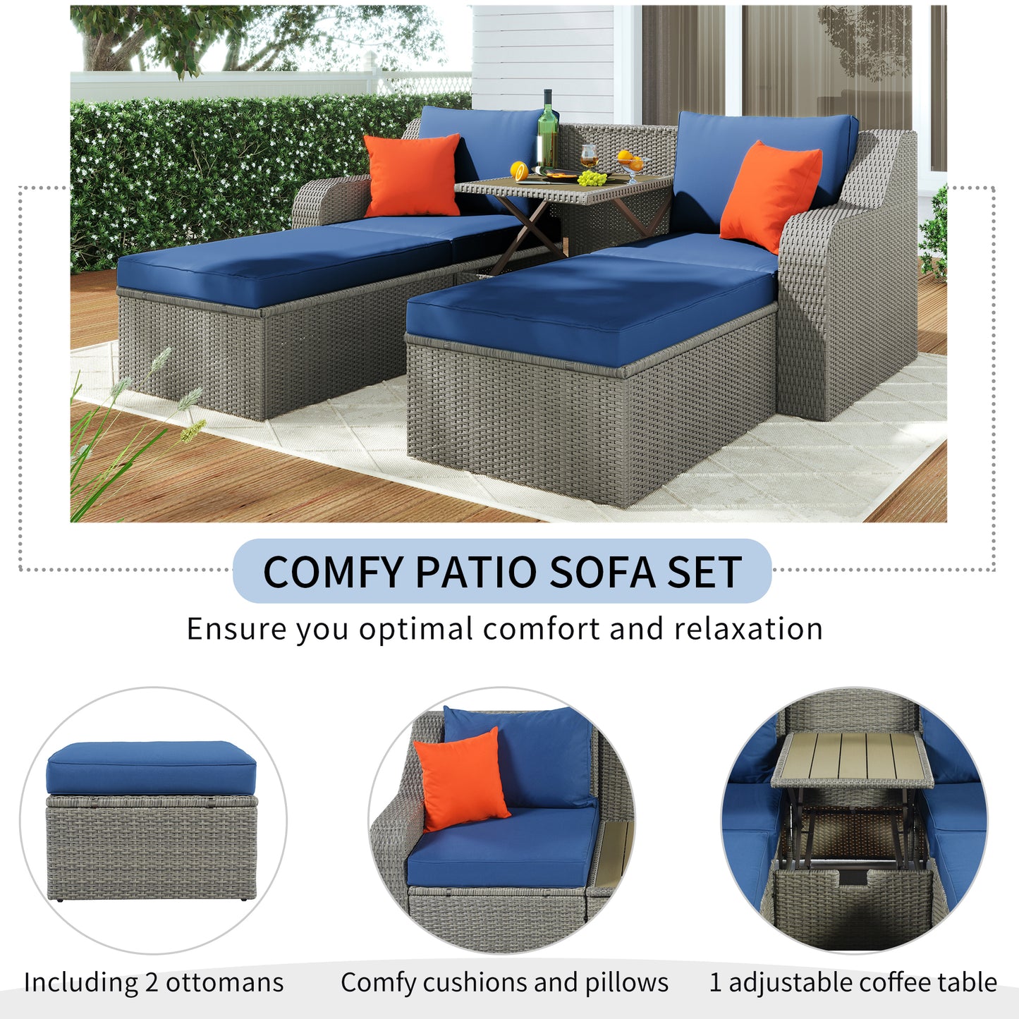 U_STYLE Patio Furniture Sets, 3-Piece Patio Wicker Sofa with  Cushions, Pillows, Ottomans and Lift Top Coffee Table