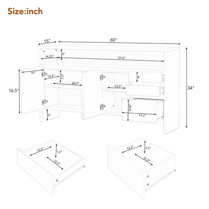 TREXM Comtemporary Sideboard MDF Storage Cabinet with Double-Storey Tabletop, Two Cabinets and Three Drawers for Dining Room, Kitchen, Living Room (White)