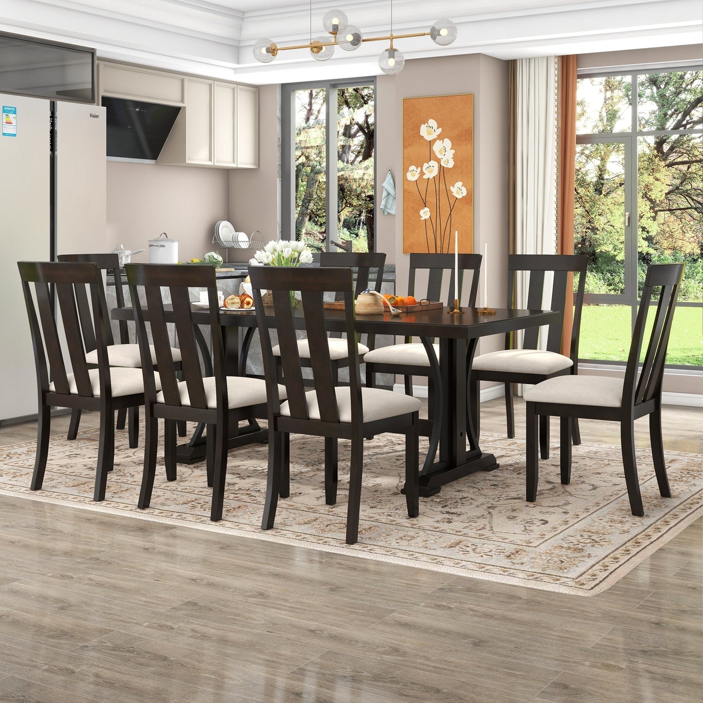 TREXM 9-Piece Retro Style Dining Table Set 78" Wood Rectangular Table and 8 Dining Chairs for Dining Room (Espresso)