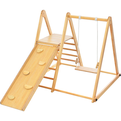 Wooden Swing and Slide Set Indoor Foldable Climbing Playground Playset for Kids, Wooden Climbing Toys with Rock Climb Ramp for Toddlers