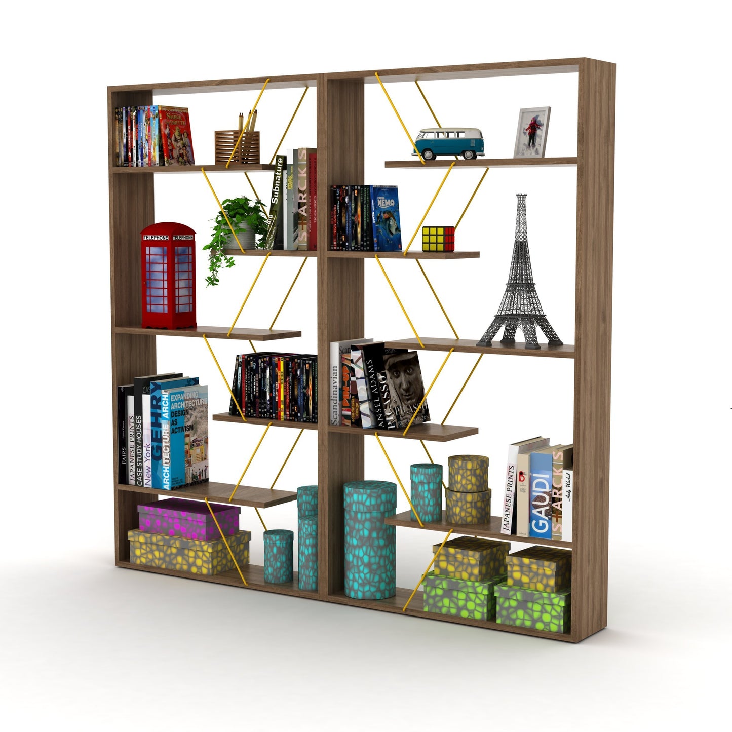 Furnish Home Store Wood Frame Etagere Open Back 6 Shelves Bookcase Industrial Bookshelf for Office and Living Rooms Modern Bookcases Large Bookshelf Organizer, Walnut/Yellow