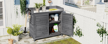 TOPMAX Outdoor 39" Potting Bench Table, Rustic Garden Wood Workstation Storage Cabinet Garden Shed with 2-Tier Shelves and Side Hook, Grey