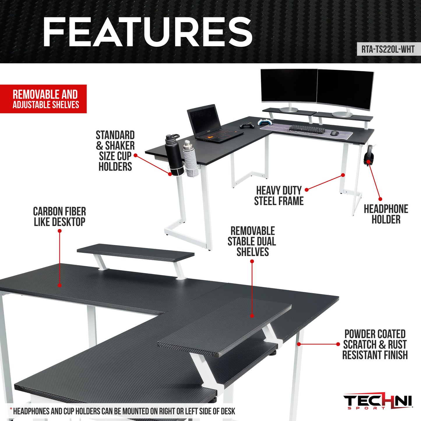 Techni Sport Warrior L-Shaped Gaming Desk, White