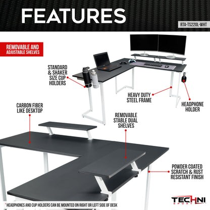 Techni Sport Warrior L-Shaped Gaming Desk, White