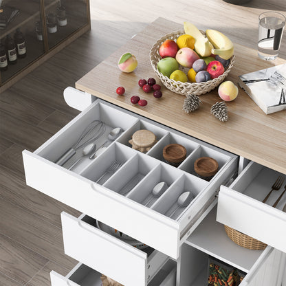 K&K Store Kitchen Cart with Rubber Wood Countertop , Kitchen Island has 8 Handle-Free Drawers Including a Flatware Organizer and 5 Wheels for Kitchen Dinning Room, White