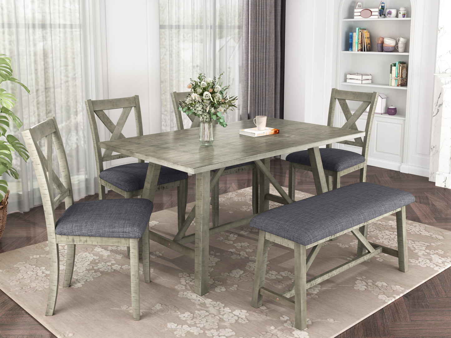 TOPMAX 6 Piece Dining Table Set Wood Dining Table and chair Kitchen Table Set with Table, Bench and 4 Chairs, Rustic Style, Gray(No Difference with SH000109AAE）