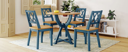 TOPMAX Mid-Century 5-Piece Round Dining Table Set with Trestle Legs and 4 Cross Back Dining Chairs, Antique Oak+Antique Blue