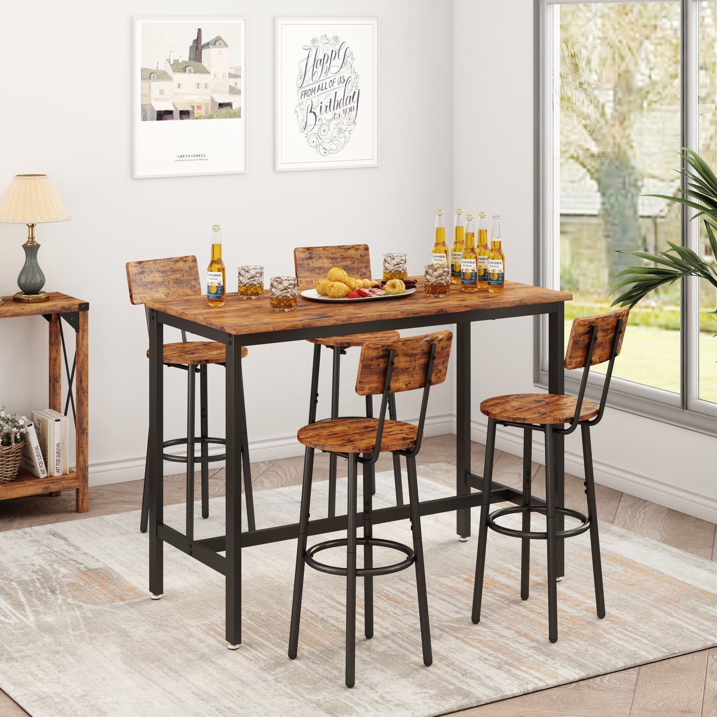 Bar Table Set with 4 Bar stools with backrest (Rustic Brown，47.24’’w x 23.62’’d x 35.43’’h)