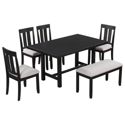 TREXM Rustic Farmhouse 6-Piece Wooden Rustic Style Dining Set, Including Table, 4 Chairs & Bench (Espresso)