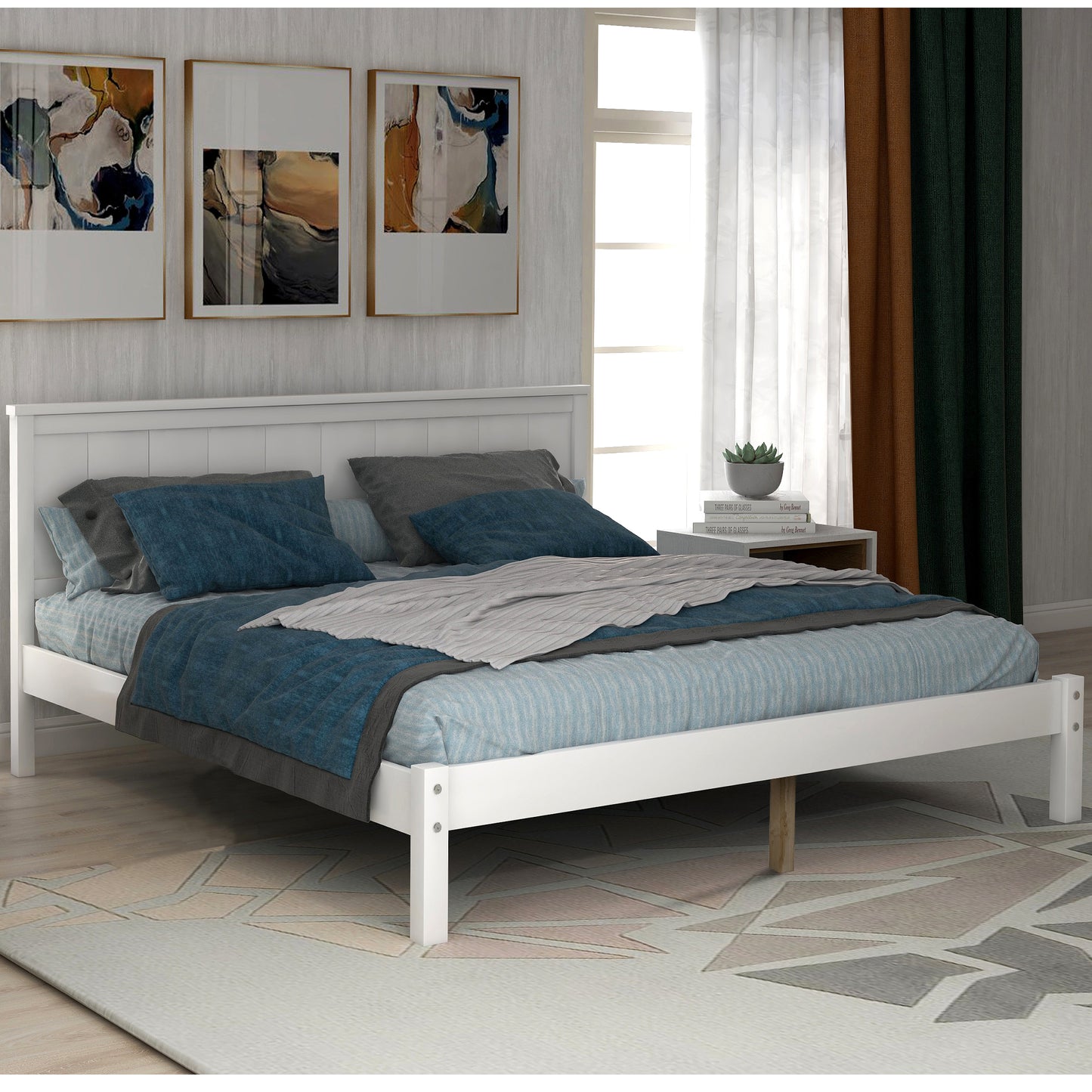 Platform Bed Frame with Headboard , Wood Slat Support , No Box Spring Needed ,Full,White(OLD SKU:WF191419AAK)