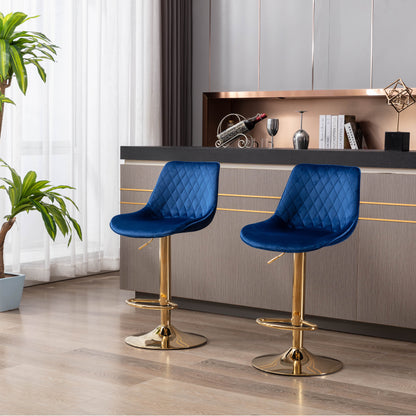 Set of 2  Bar Stools,with Chrome Footrest and Base Swivel Height Adjustable Mechanical Lifting Velvet + Golden Leg Simple Bar Stool-blue