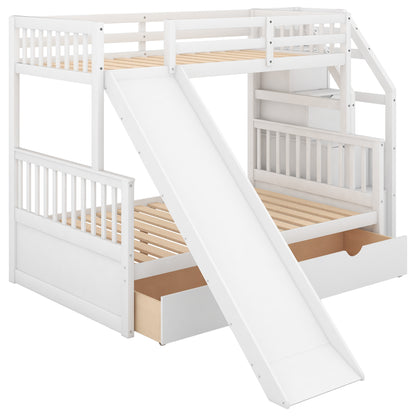 Twin over Full Bunk Bed with Drawers,Storage and Slide, Multifunction, White