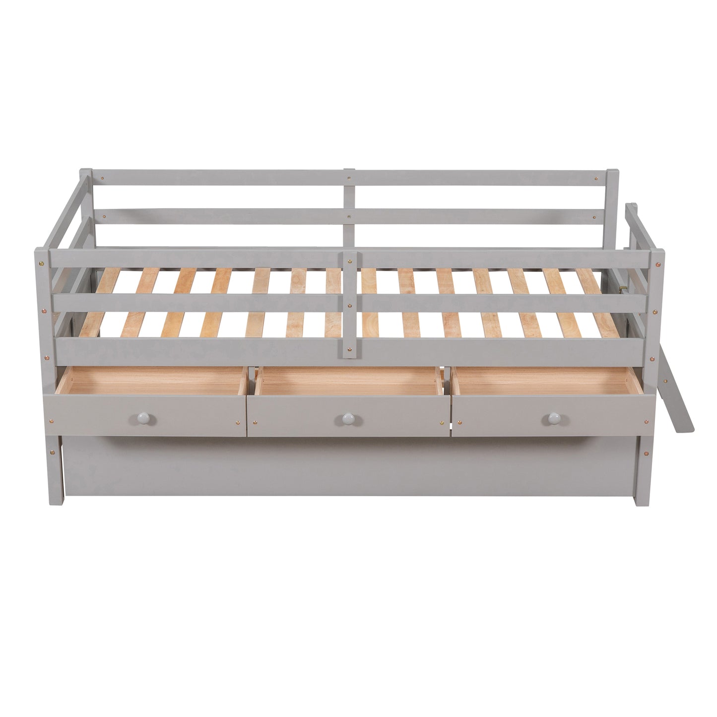 Low Loft Bed Twin Size with Full Safety Fence, Climbing ladder, Storage Drawers and Trundle Gray Solid Wood Bed