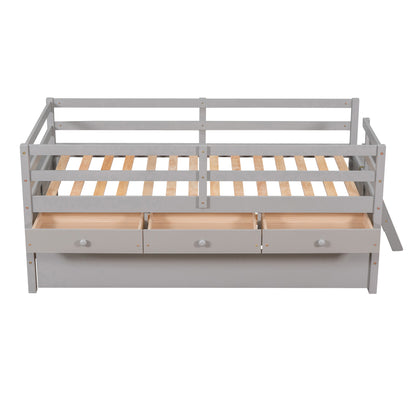 Low Loft Bed Twin Size with Full Safety Fence, Climbing ladder, Storage Drawers and Trundle Gray Solid Wood Bed