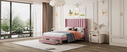 Full Size Storage Bed Velvet Upholstered Platform Bed with a Big Drawer - Pink