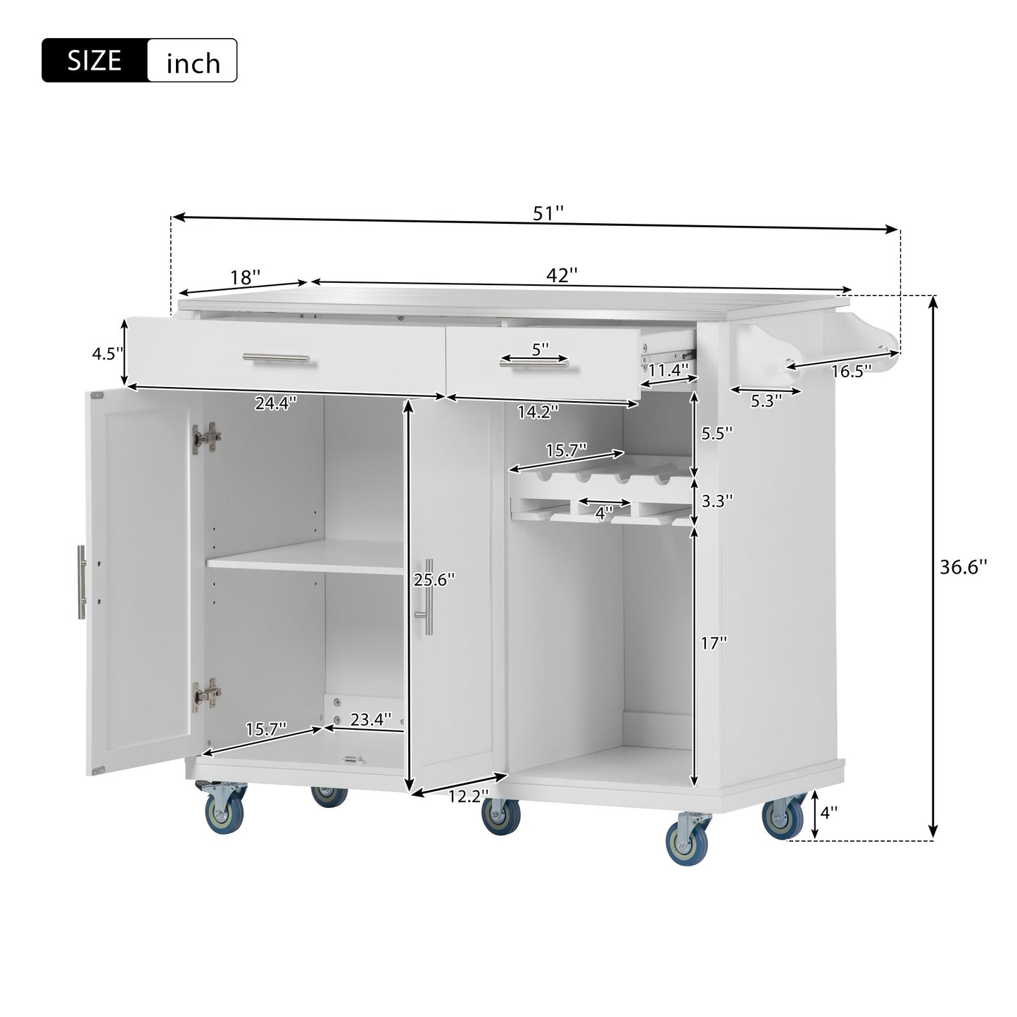 K&K Kitchen Cart with Stainless Steel Top and Storage Cabinet, Kitchen Island on Wheels with Two Drawers & Goblet Holder & Wine Rack & Spice Rack & Towel Holder, L51xW18xH37 Inches